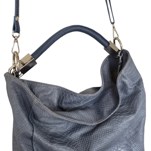 Anna Morellini Gray Leather Shopper Bag Snakeskin Embossed Chunky Hardwa… - Picture 5 of 14